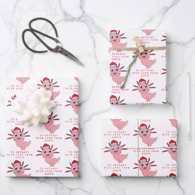  Cute Axolotl Love From Santa Childs Name Wrapping Paper Sheet (Front)