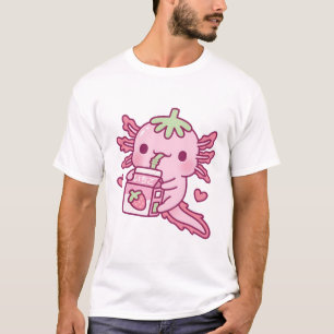 Cute Axolotl Loves Drinking Strawberry Milk T-Shirt