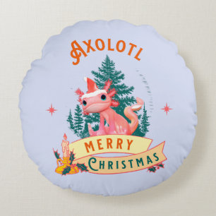 Cute Axolotl Merry Christmas Holiday Art Round Cushion