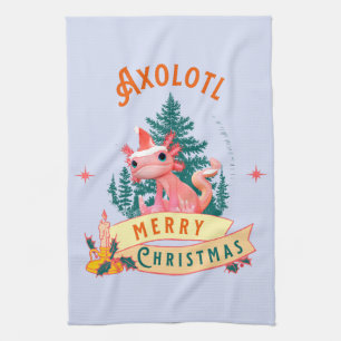 Cute Axolotl Merry Christmas Holiday Art Tea Towel