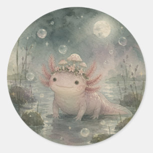 Cute Axolotl Mushroom Crown Moon Night Watercolor Classic Round Sticker
