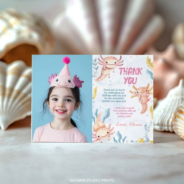 Cute Axolotl Pink Girl Birthday Photo  Thank You Card (Creator Uploaded)