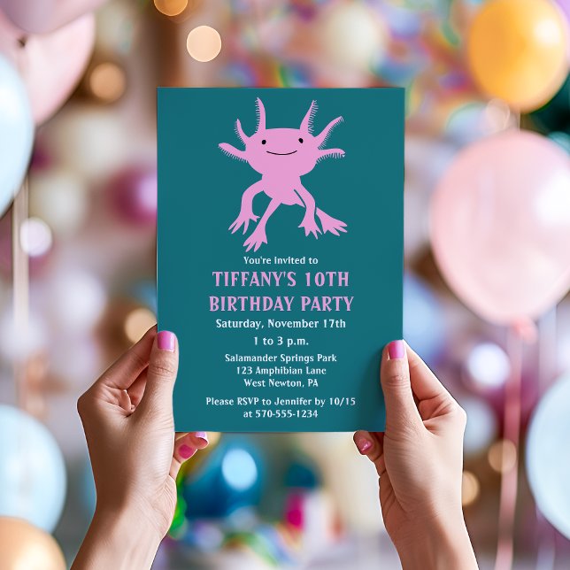 Cute Axolotl Pink Salamander Birthday Party Invitation (Creator Uploaded)