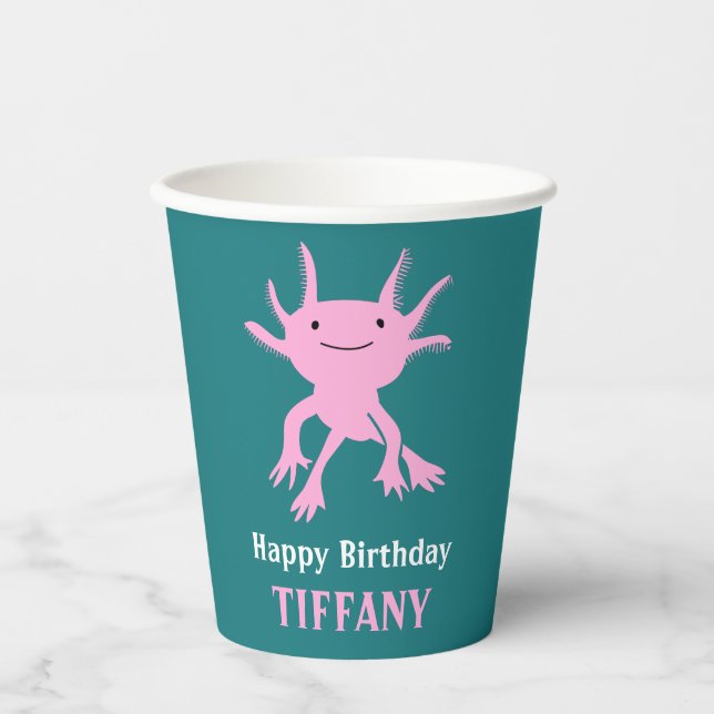 Cute Axolotl Pink Salamander Birthday Party Paper Cups (Front)