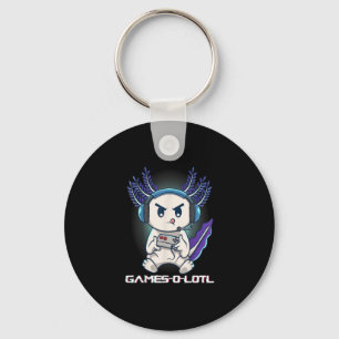 Cute Axolotl Playing Console Video Games Key Ring