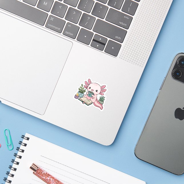 Cute Axolotl Reading Book Bibliophile Tea Time (Laptop w/ iPhone)