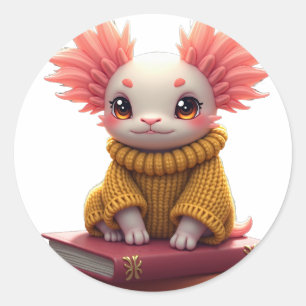Cute Axolotl Reading Books Kawaii Magician Wall De Classic Round Sticker