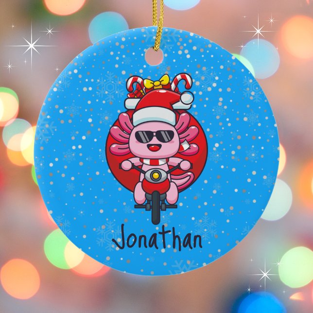 Cute Axolotl Riding a Motorcycle with Santa Hat Ceramic Ornament (Personalize with a name. Available in assorted ornaments and products.)
