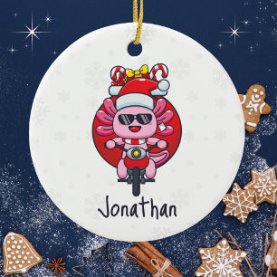 Cute Axolotl Riding a Motorcycle with Santa Toys Ceramic Ornament