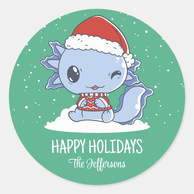 Cute Axolotl Santa Christmas Snowy Winter Holiday Classic Round Sticker (Front)