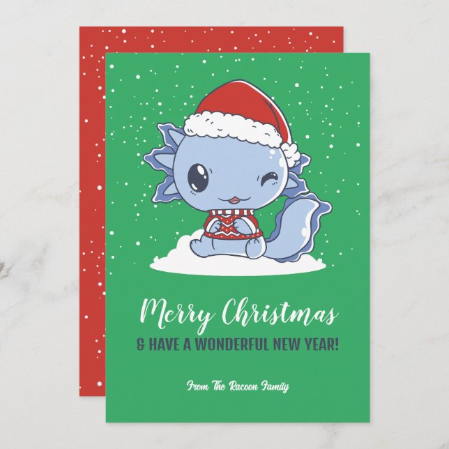 Cute Axolotl Santa Hat Snow Winter Merry Christmas Holiday Card (Front/Back)