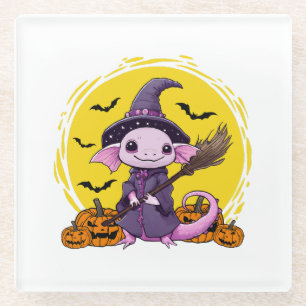 Cute Axolotl Witch Halloween Glass Coaster