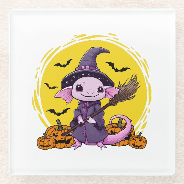 Cute Axolotl Witch Halloween Glass Coaster (Front)