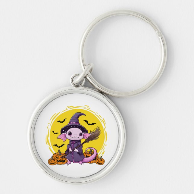 Cute Axolotl Witch Halloween Key Ring (Front)