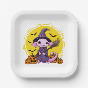 Cute Axolotl Witch Halloween Paper Plate