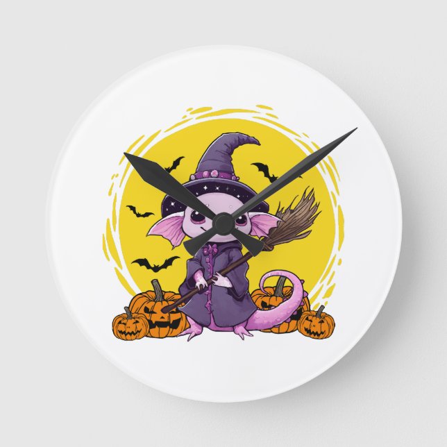 Cute Axolotl Witch Halloween Round Clock (Front)