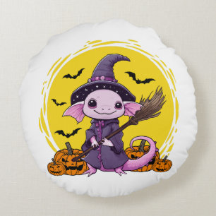 Cute Axolotl Witch Halloween Round Cushion