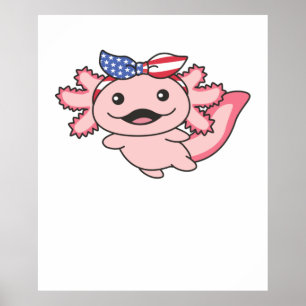 Cute Axolotl With America Flag Cute Usa Animals Poster