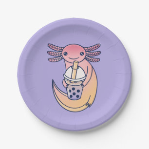 Cute Axolotl with Bubble Tea Paper Plate