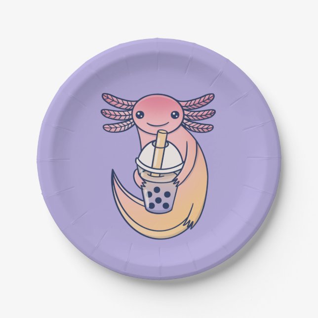 Cute Axolotl with Bubble Tea Paper Plate (Front)