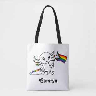 Cute Axolotl with Quasar Progress Pride Flag LGBTQ Tote Bag