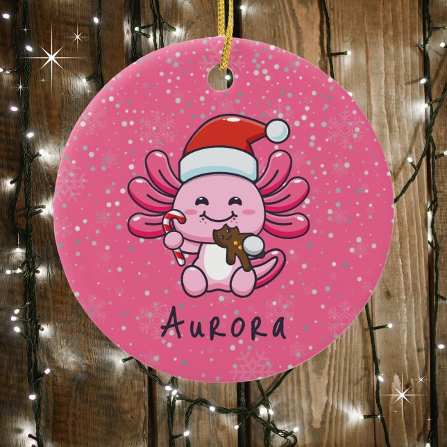 Cute Axolotl with Santa Hat & Candy Cane Christmas Ceramic Ornament (Personalize with a name. Available in assorted ornaments and products.)