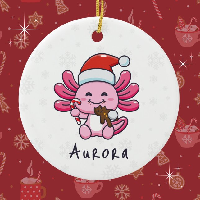Cute Axolotl with Santa Hat & Candy Cane Christmas Ceramic Ornament (Personalize with a name. Available in assorted ornaments and products.)