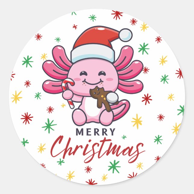 Cute Axolotl with Santa Hat Kawaii Style Classic Round Sticker (Front)