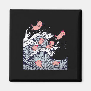 Cute Axolotls Surfing On Wave , Funny Japanese Wav Magnet