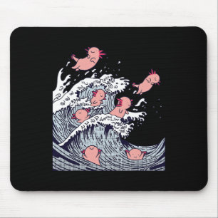 Cute Axolotls Surfing On Wave , Funny Japanese Wav Mouse Pad