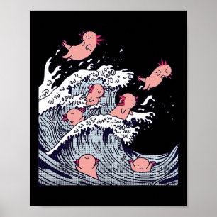 Cute Axolotls Surfing On Wave , Funny Japanese Wav Poster