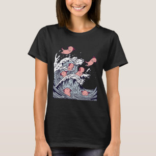 Cute Axolotls Surfing On Wave , Funny Japanese Wav T-Shirt