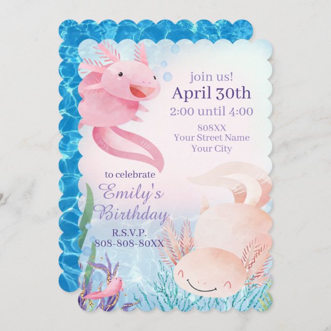 Cute Axolotls Under the Sea Party Invitation (Front/Back)