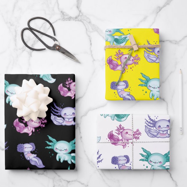 Cute Axolotls Wrapping Paper Sheet (Front)