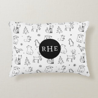 Cute B&W Winter Woodland Animals w Monogram Decorative Cushion