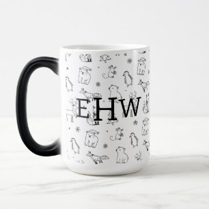 Cute B&W Winter Woodland Animals w Monogram Magic Mug