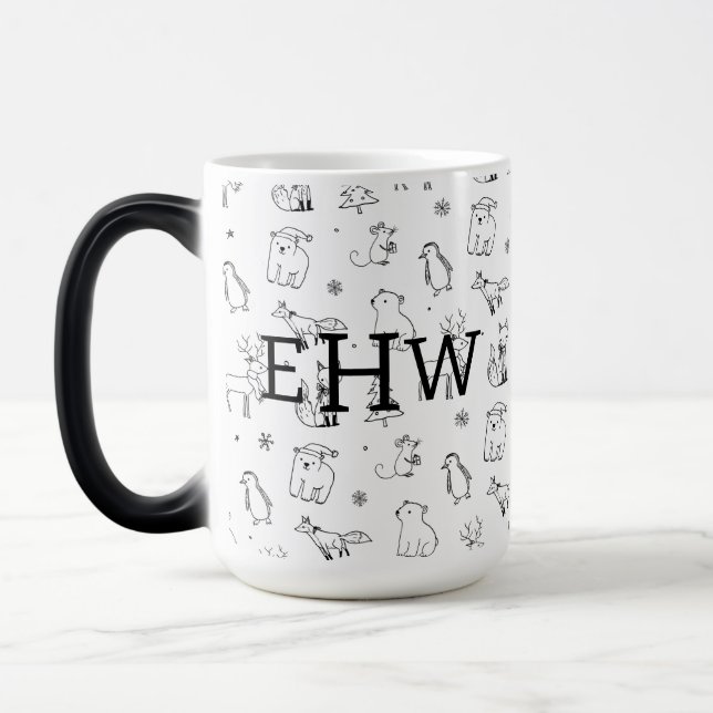 Cute B&W Winter Woodland Animals w Monogram Magic Mug (Left)