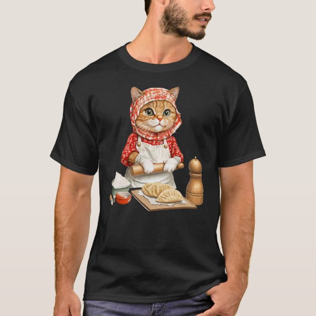 Cute Babushka Cat Making Pierogi Polish For Food L T-Shirt (Front)