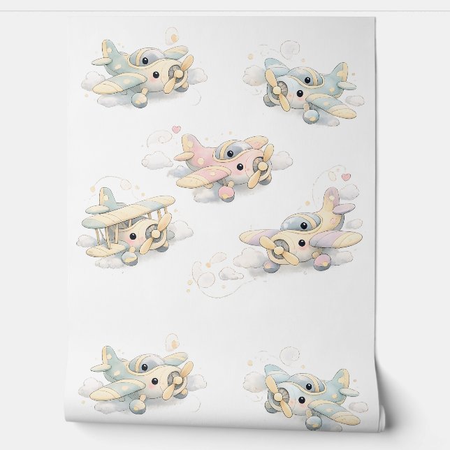Cute Baby Airplanes Watercolor Nursery Baby Room Wallpaper (Unrolling)