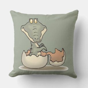 Cute Baby Alligator Cartoon Hatching from Eggshell Cushion