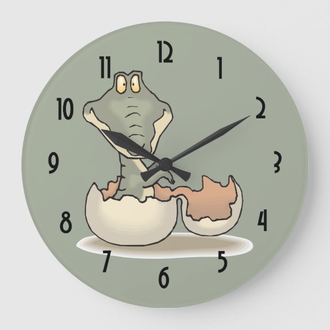Cute Baby Alligator Cartoon Hatching from Eggshell Large Clock (Front)