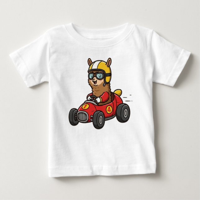 Cute Baby Alpaca Race Car Driver Baby T-Shirt (Front)