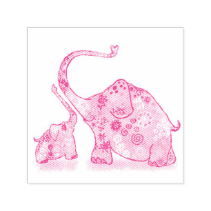 Cute Baby and Mum Elephant Colour Stamp