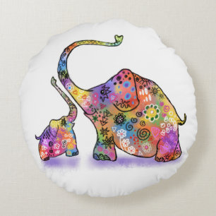 Cute Baby and Mum Elephant Round Pillow