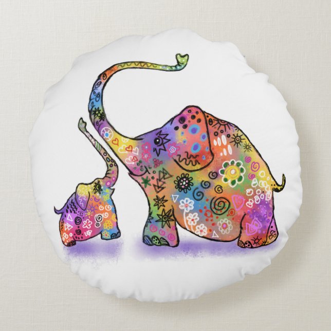 Cute Baby and Mum Elephant Round Pillow (Back)
