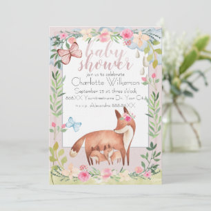 Cute Baby and Mum Foxes Watercolor Floral Garden Invitation