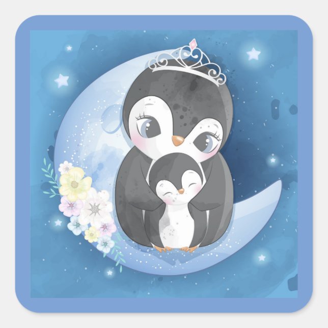 Cute Baby And Penguin Square Sticker (Front)