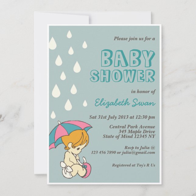 Cute Baby and Umbrella Baby Shower Invitation Blue (Front)