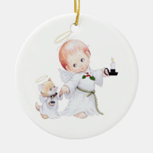 Cute Baby Angel And Cat Ceramic Ornament