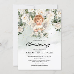 Cute baby angel White Roses Greenery and Gold Invitation